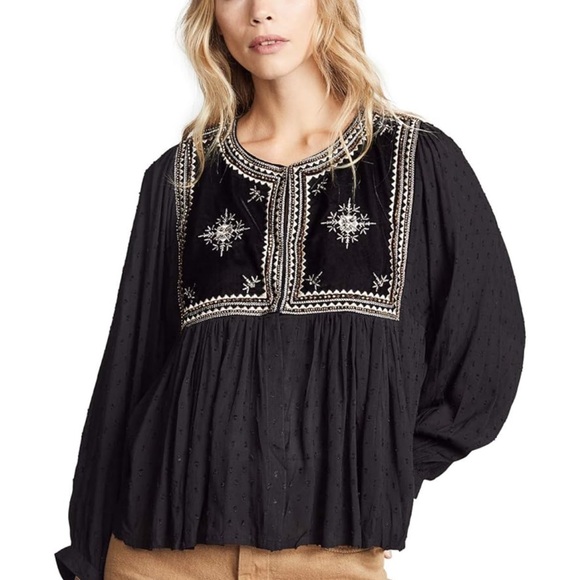 VELVET by Graham & Spencer Black and Gold Embroidered Beaded Velvet Drape Blouse - Picture 2 of 13